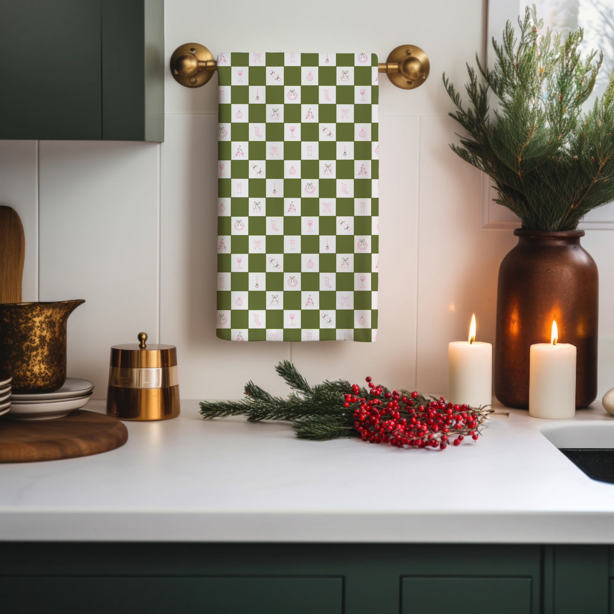 Green Checkerboard Christmas Tea Towel